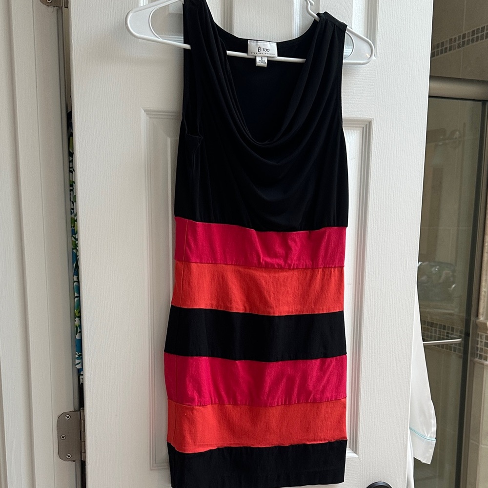 Black Mini Dress with Pink & Orange Stripes